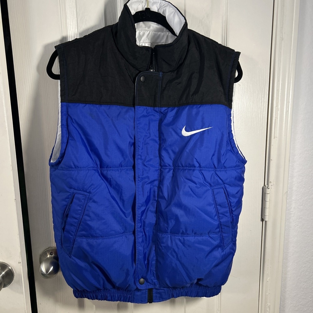 RARE Vintage Nike Puffer Vest Boy's M (10-12) 90's Puff Full Zip Blue Swoosh